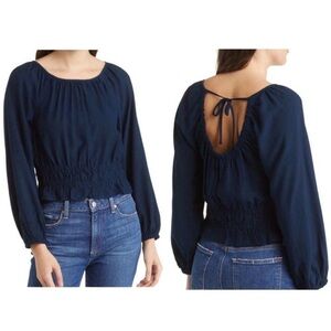 Madewell Navy Long-Sleeve Smocked Waist Tie-Back Top